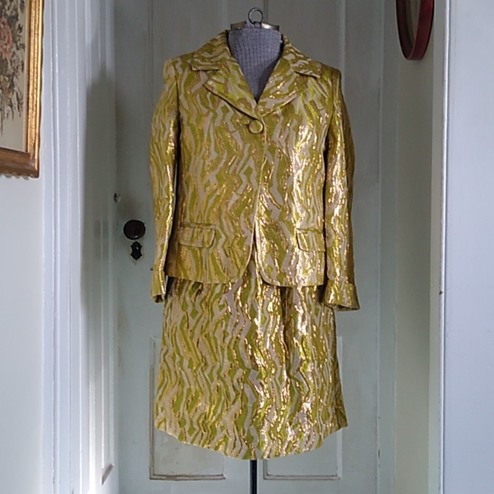 J CREW Two Piece Metallic Gold and Green Dress with Jacket